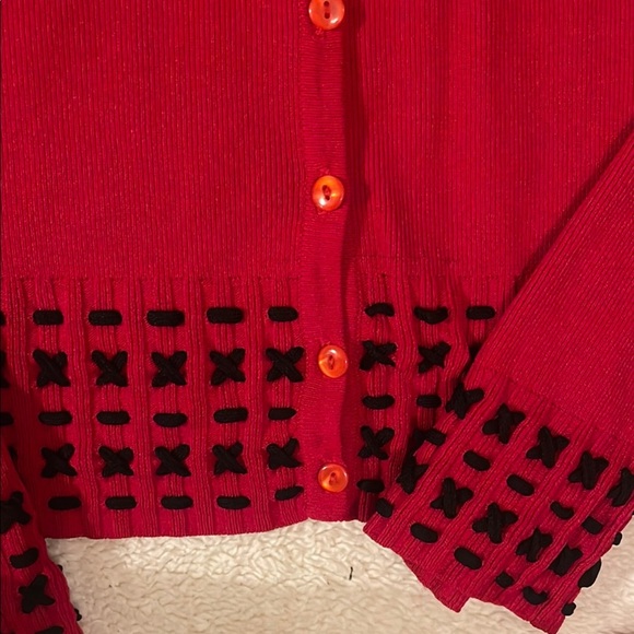 Finity Red Cardigan Sweater with Decorative Knit Cuffs - Picture 4 of 6